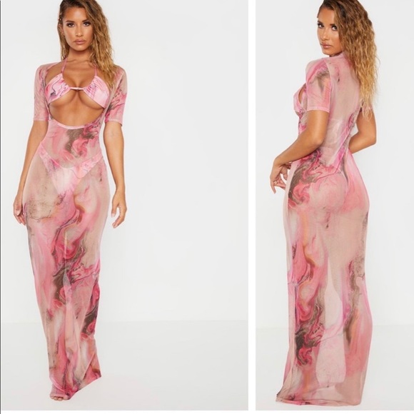 Short Sleeve Scoop Mesh Maxi Dress 